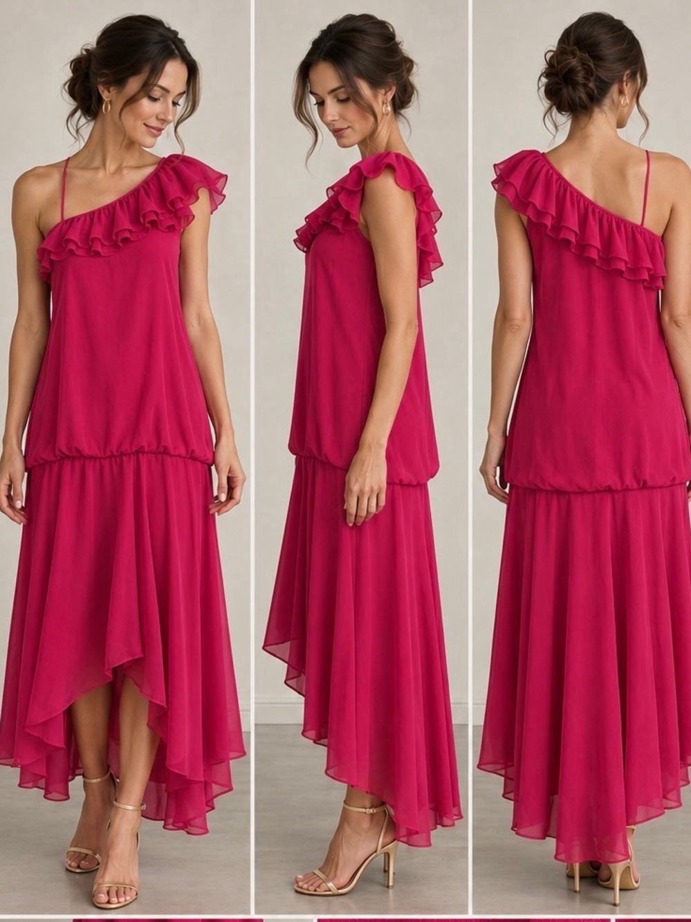 One-Shoulder Ruffle Asymmetrical Maxi Dress in Fuchsia